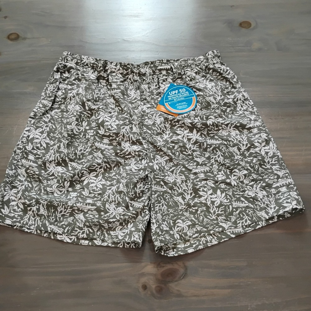 NWT Columbia PFG Swim Trunks Mens L Olive AOP Lined Elastic Waist Fish Shorts